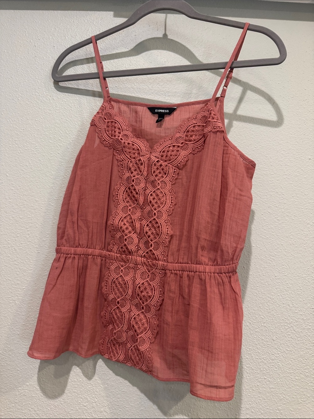 Express Coral Lace-Front Spaghetti Strap Peplum Cami